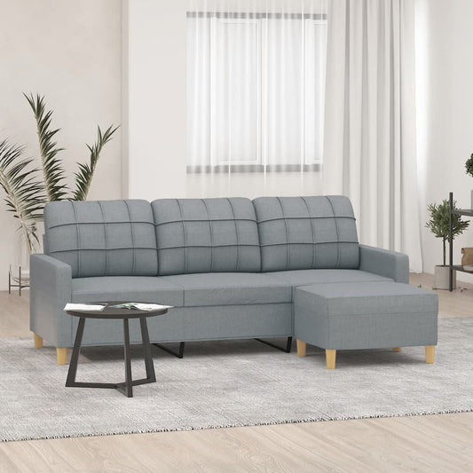 Sofá de 3 lugares com apoio de pés 180 cm tecido cinzento-claro