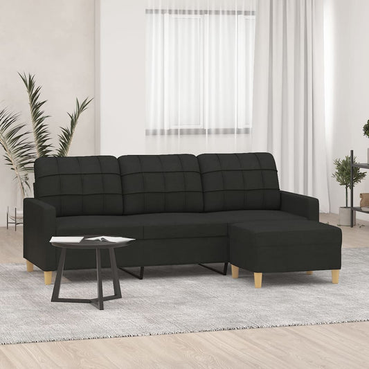 Sofá de 3 lugares com apoio de pés 180 cm tecido preto