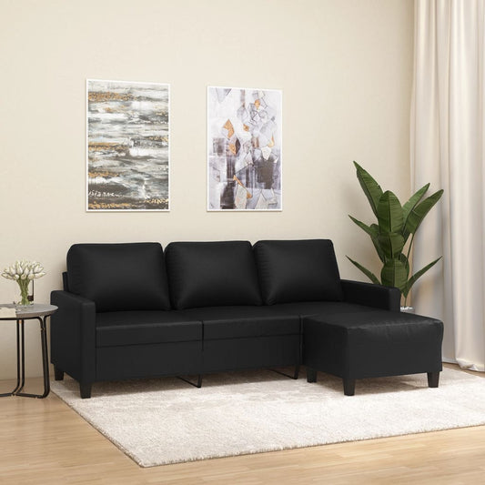 Sofá de 3 lugares c/ apoio de pés 180 cm couro artificial preto