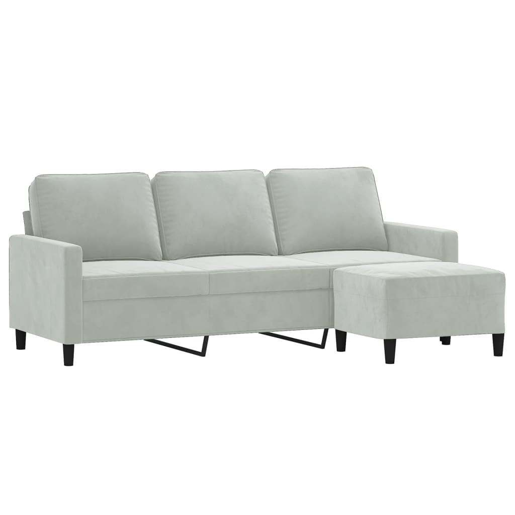 Sofá de 3 lugares com apoio de pés 180 cm veludo cinzento-claro