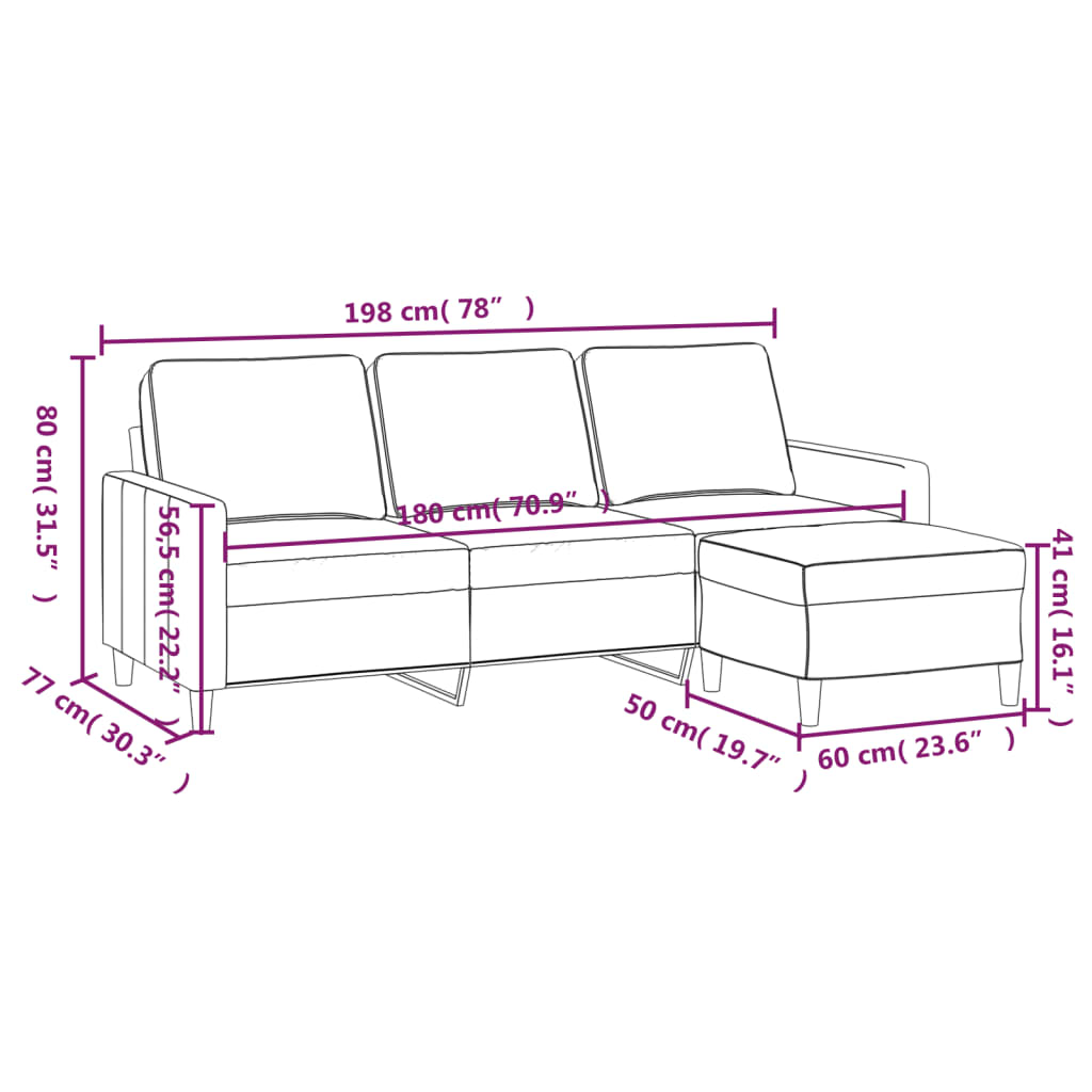 Sofá de 3 lugares com apoio de pés 180 cm veludo cor creme