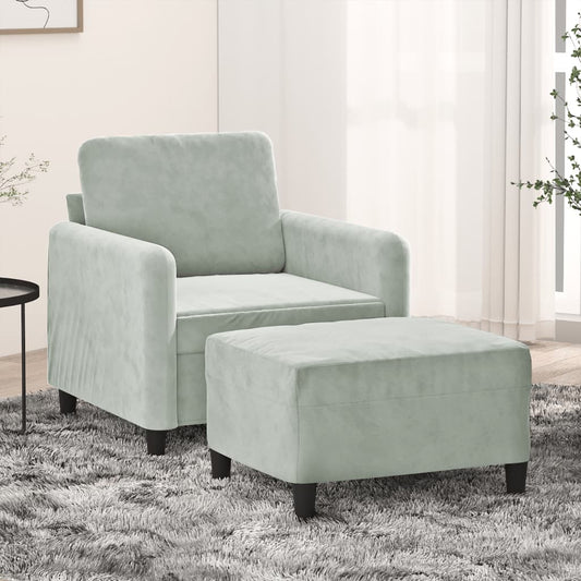 Poltrona com apoio de pés 60 cm veludo cinzento-claro