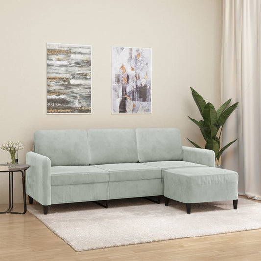Sofá de 3 lugares com apoio de pés 180 cm veludo cinzento-claro