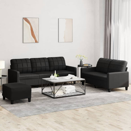 3 pcs conjunto de sofás com almofadões couro artificial preto