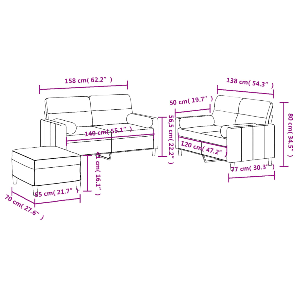 3 pcs conjunto de sofás com almofadas tecido cinza-acastanhado