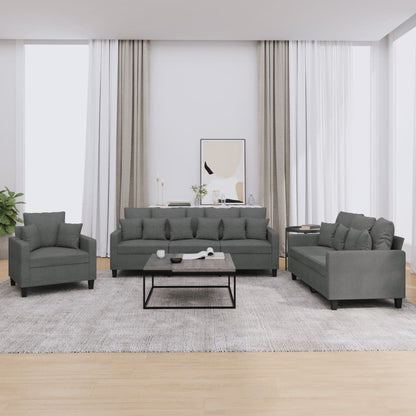 3 pcs conjunto de sofás com almofadas tecido cinzento-escuro