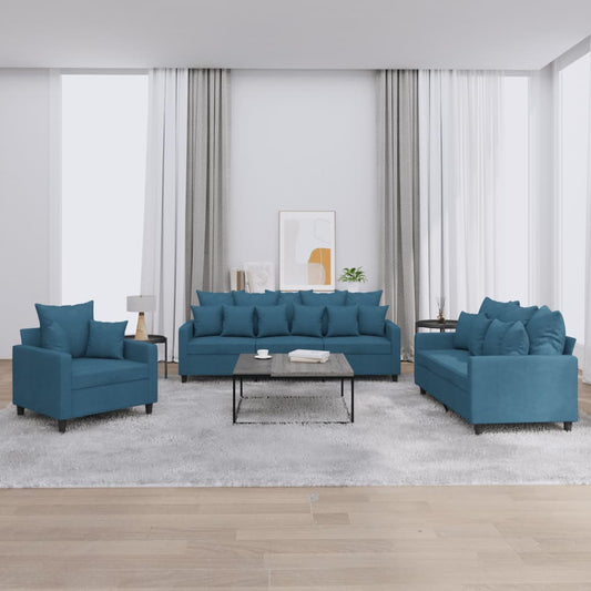 3 pcs sofa set with blue velvet cushions