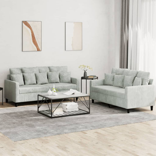 2 pcs conjunto de sofás com almofadões veludo cinzento-claro