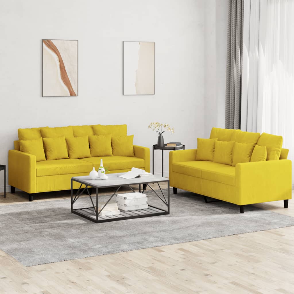 2 pcs sofa set with yellow velvet cushions