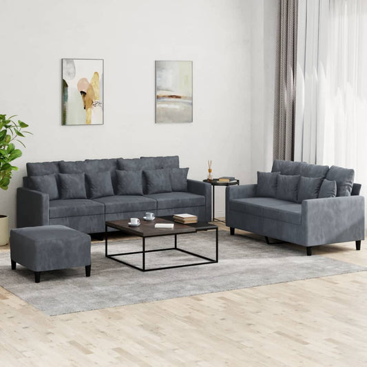 3 pcs conjunto de sofás com almofadões veludo cinzento-escuro