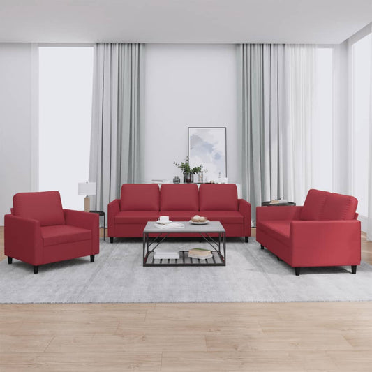 3 pcs sofa set with cushions in red faux leather