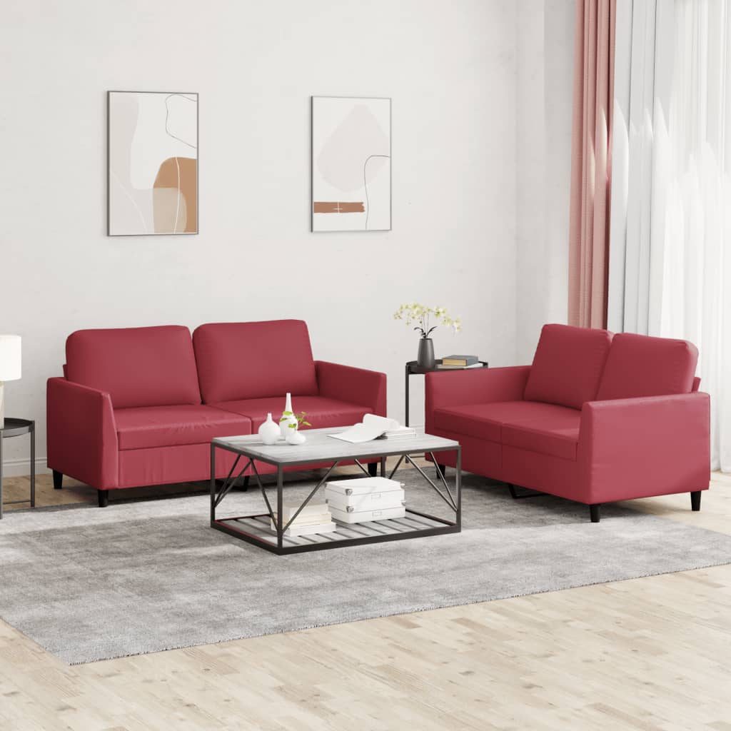 2 pcs sofa set with red faux leather cushions