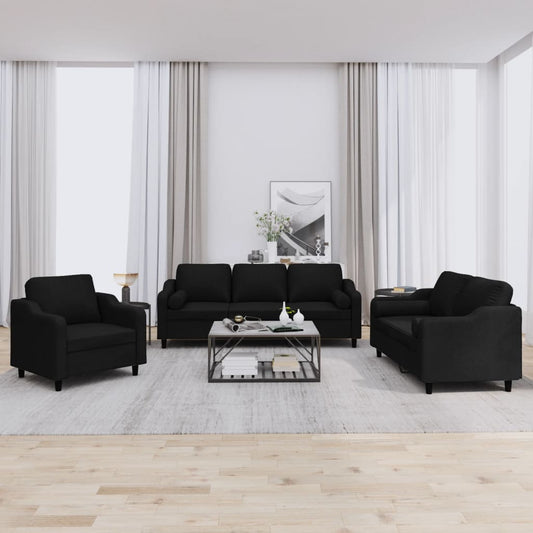 3 pcs conjunto de sofás com almofadas tecido preto