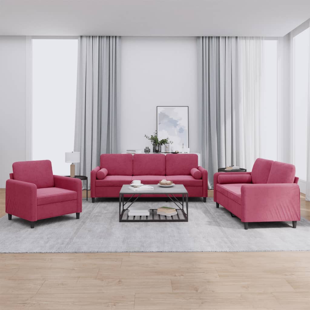 3 pcs sofa set with red velvet cushions