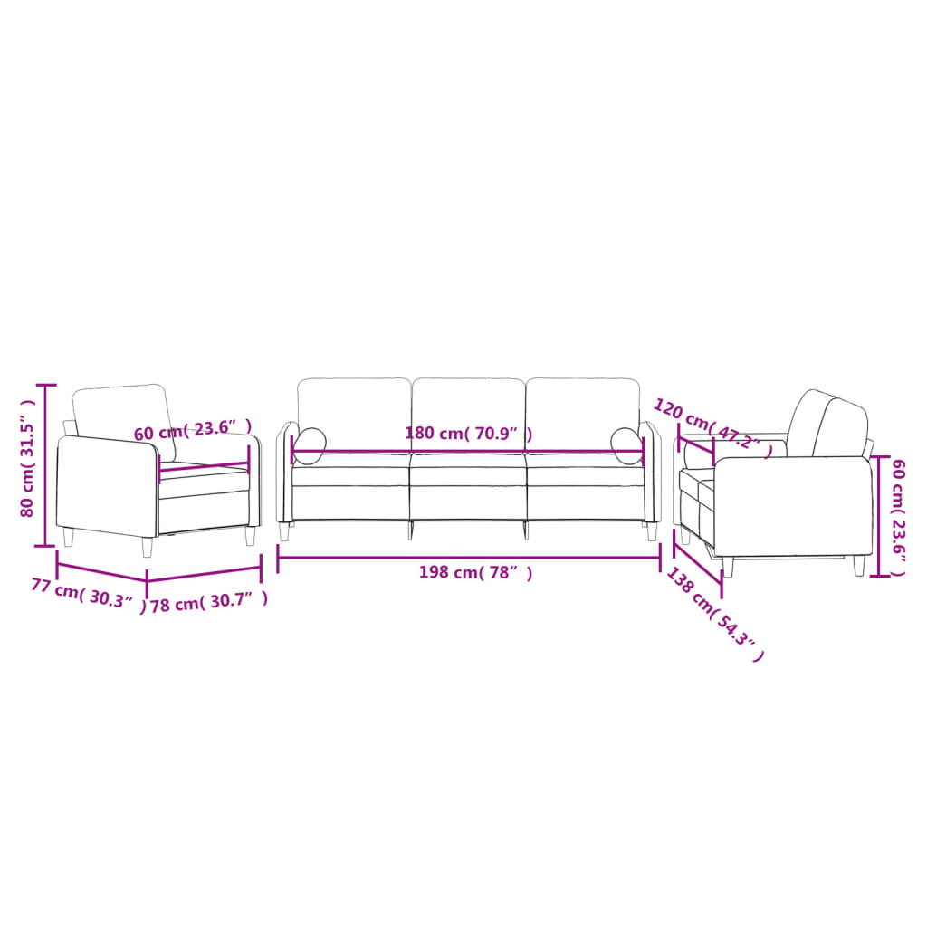 3 pcs conjunto de sofás com almofadas veludo castanho