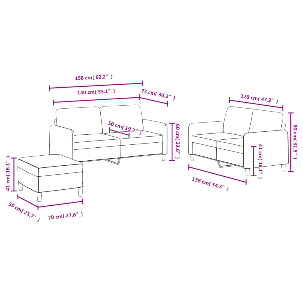 3 pcs conjunto de sofás veludo cinzento-claro