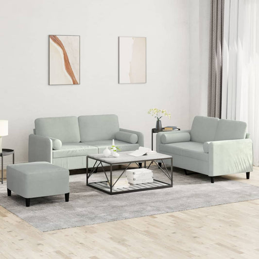 3 pcs conjunto de sofás com almofadas veludo cinzento-claro