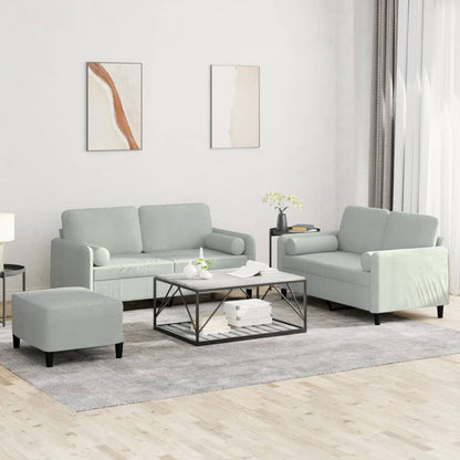 3 pcs conjunto de sofás com almofadas veludo cinzento-claro