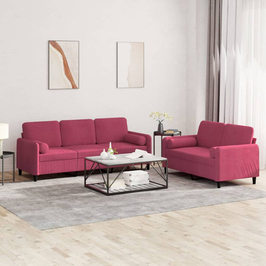 2 pcs conjunto de sofás com almofadas veludo vermelho-tinto