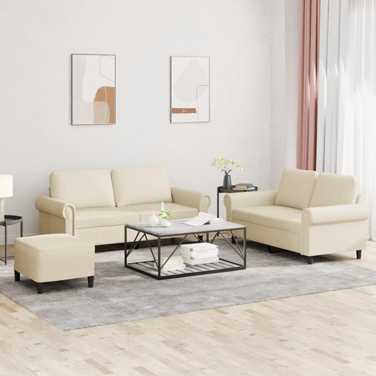3 pcs conjunto sofás c/ almofadões couro artificial cor creme