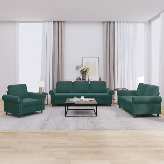 3 pcs conjunto de sofás com almofadões veludo verde-escuro