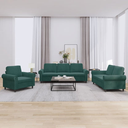 3 pcs conjunto de sofás com almofadões veludo verde-escuro
