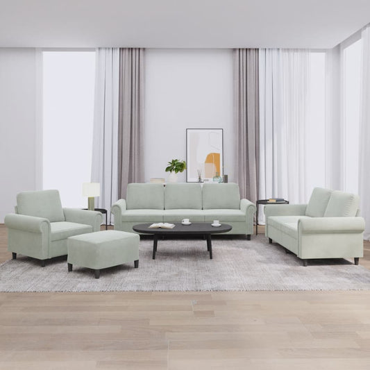 4 pcs conjunto de sofás com almofadões veludo cinzento-claro