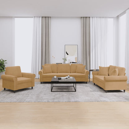 3 pcs sofa set with cushions brown velvet