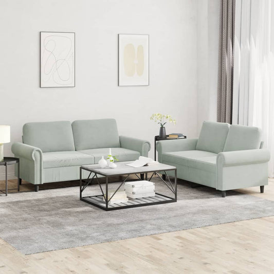 2 pcs conjunto de sofás com almofadões veludo cinzento-claro