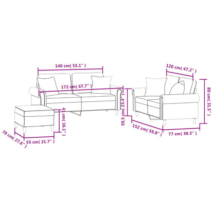 3 pcs conjunto de sofás com almofadas veludo castanho
