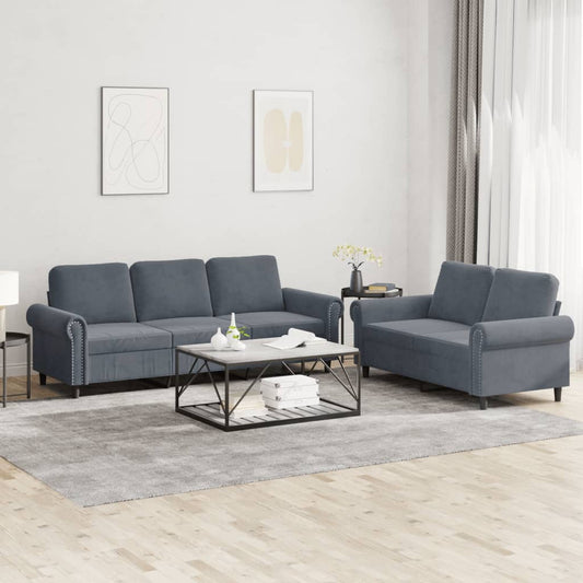 2 pcs conjunto de sofás com almofadões veludo cinzento-escuro