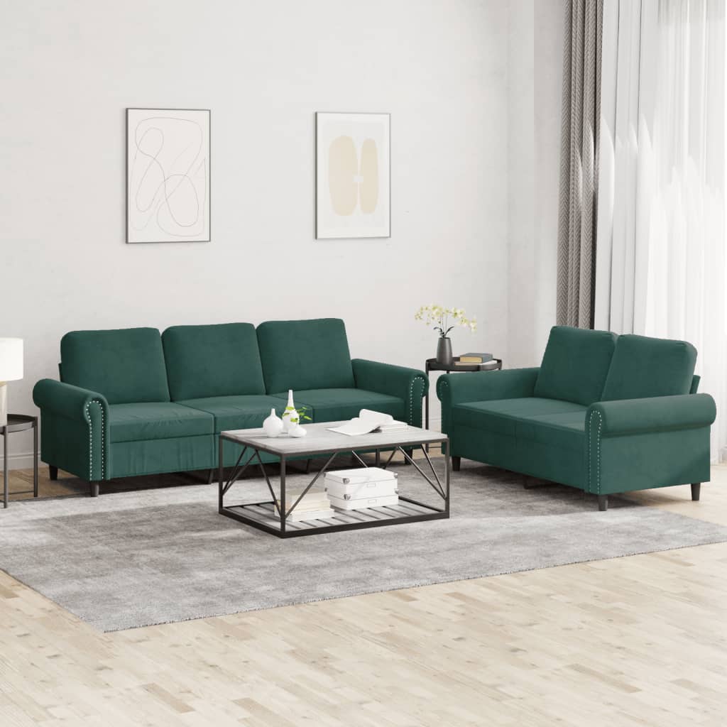2 pcs sofa set with dark green velvet cushions