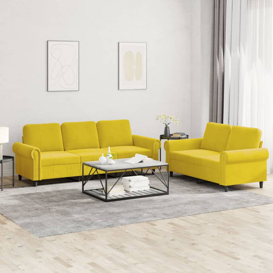 2 pcs conjunto de sofás com almofadões veludo amarelo