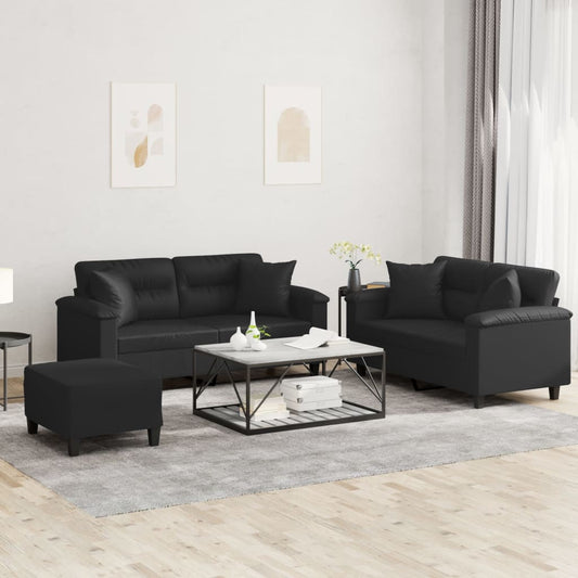 3 pcs conjunto de sofás com almofadas couro artificial preto