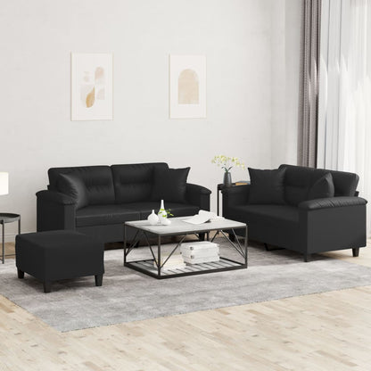 3 pcs conjunto de sofás com almofadas couro artificial preto