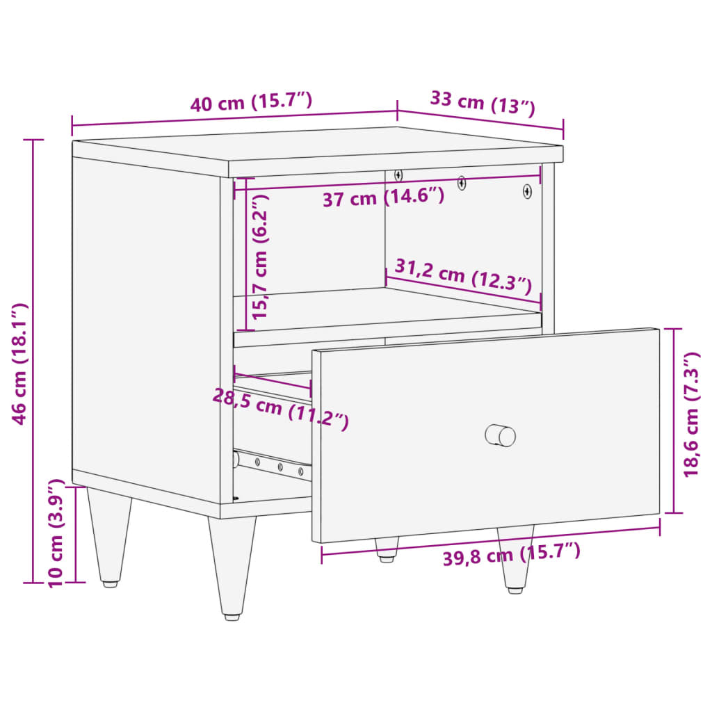 Bedside table 40x33x46 cm solid mango wood