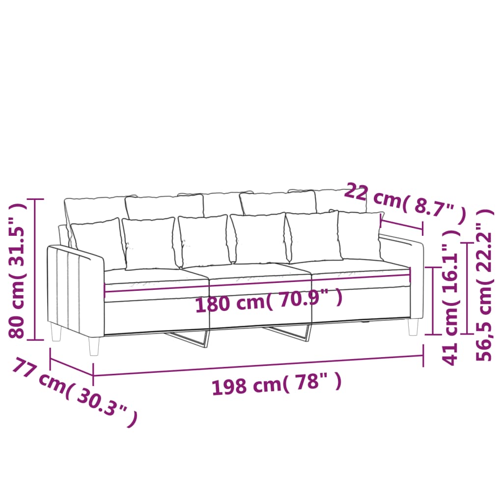 Sofá de 3 lugares 180 cm veludo cor creme
