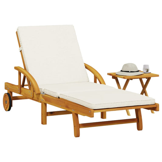 Sun lounger with cushion and solid acacia wood table