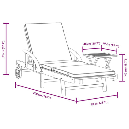Sun lounger with cushion and solid acacia wood table