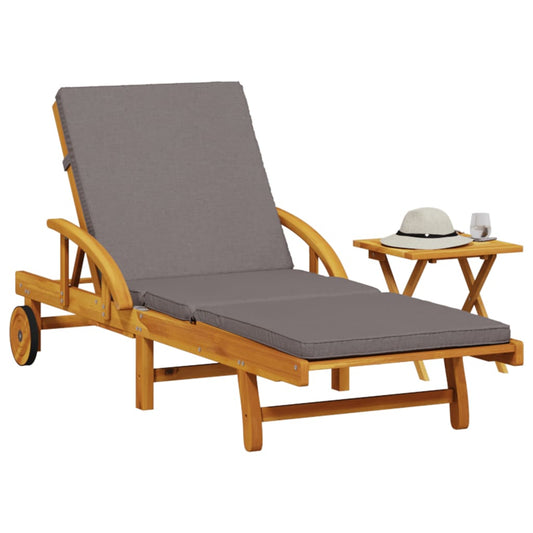 Sun lounger with cushion and solid acacia wood table