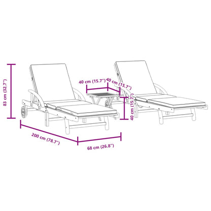 2 pcs sun loungers with table solid acacia wood