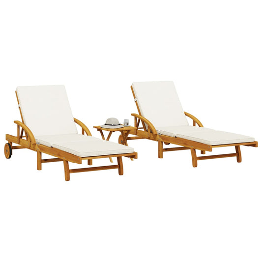 2 pcs sun loungers with table solid acacia wood