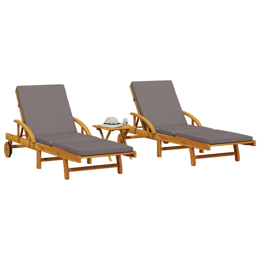 2 pcs sun loungers with table solid acacia wood
