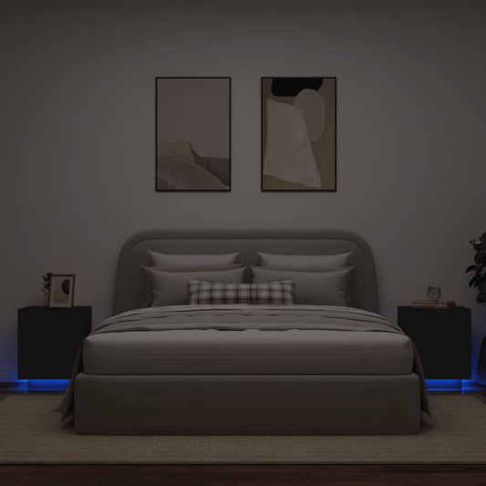 Mesas de cabeceira c/ luzes LED 2 pcs derivados madeira preto
