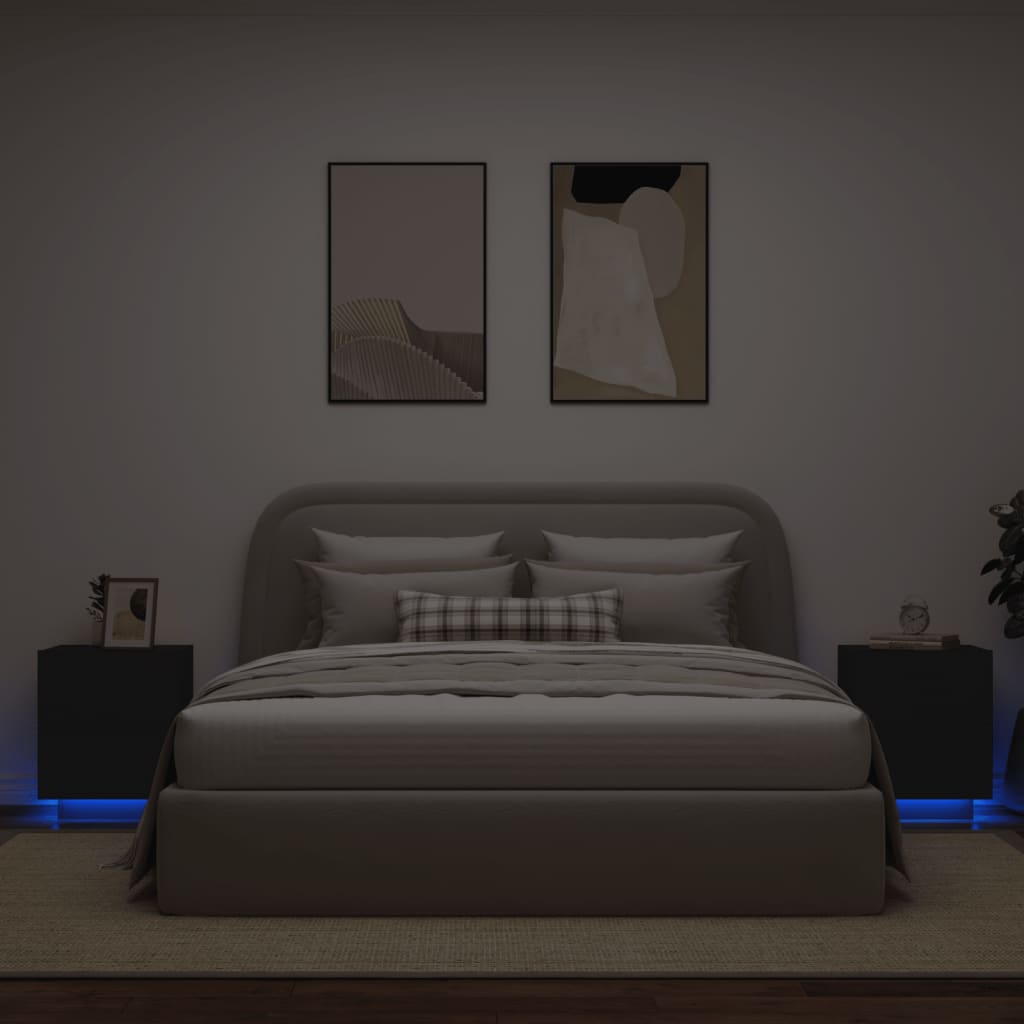 Mesas de cabeceira c/ luzes LED 2 pcs derivados madeira preto