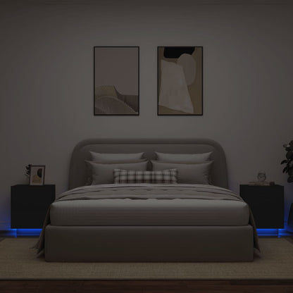 Mesas de cabeceira c/ luzes LED 2 pcs derivados madeira preto