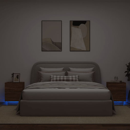Mesas cabeceira LEDs 2 pcs derivados madeira carvalho castanho