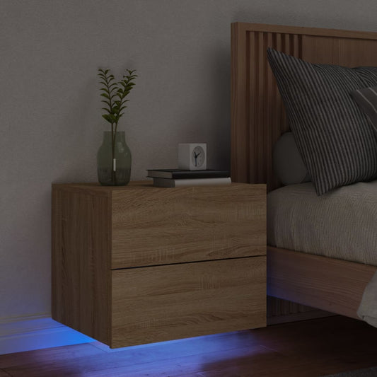 Mesa de cabeceira de parede com luzes LED carvalho sonoma
