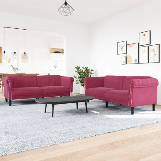 2 pcs red-red velvet sofa set