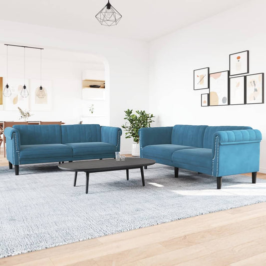 2 pcs blue velvet sofa set